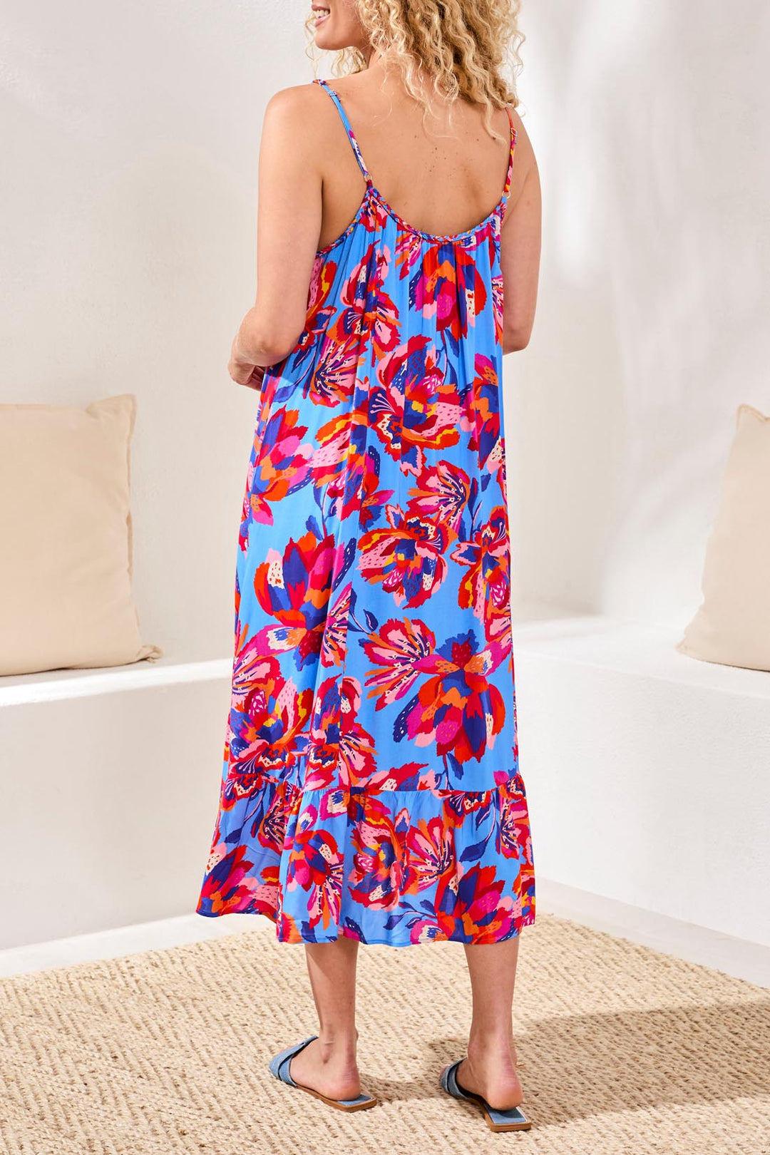 Tribal 3059O-3880 Blue Turkish Sea Print Spaghetti Strap Dress