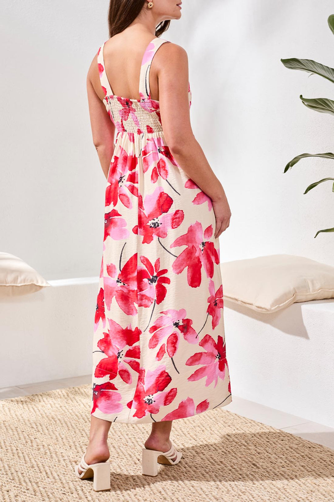 Tribal 3106O-8374 Canvas Red Flower Print Sleeveless Dress