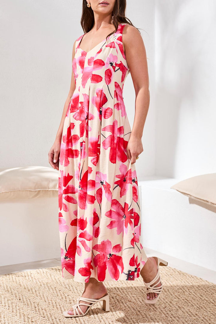 Tribal 3106O-8374 Canvas Red Flower Print Sleeveless Dress
