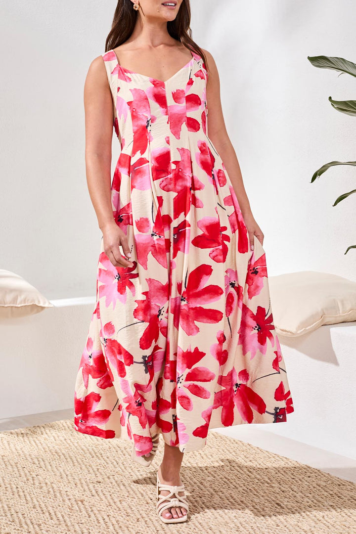 Tribal 3106O-8374 Canvas Red Flower Print Sleeveless Dress