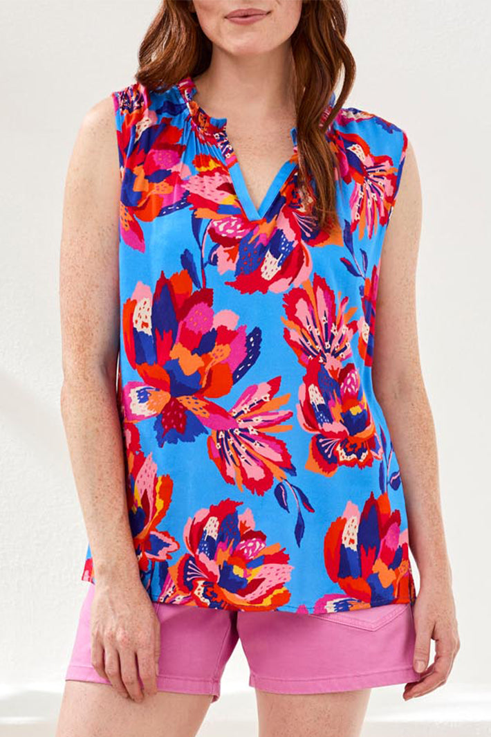 Tribal 3109O-1434 Blue Turkish Sea Print V-Neck Top
