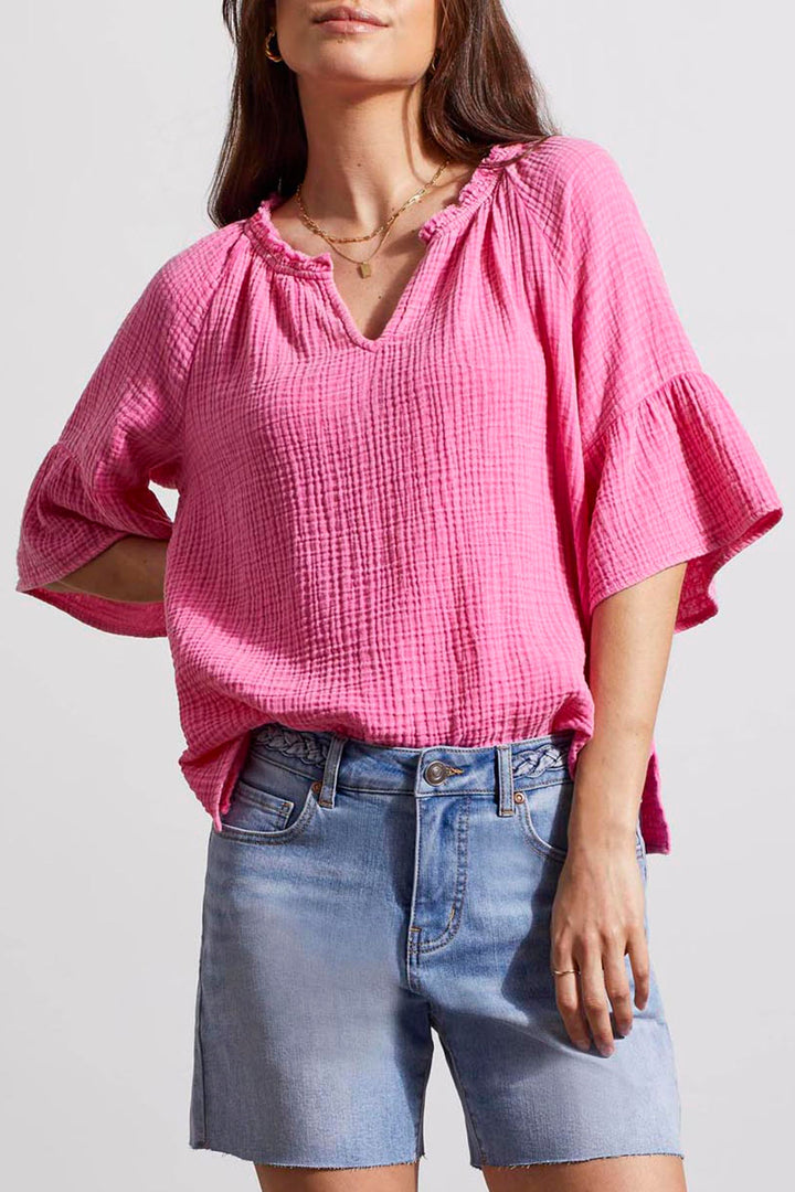 Tribal 5349O Hot Pink Notch Neckline Cotton Top - Experience Boutique