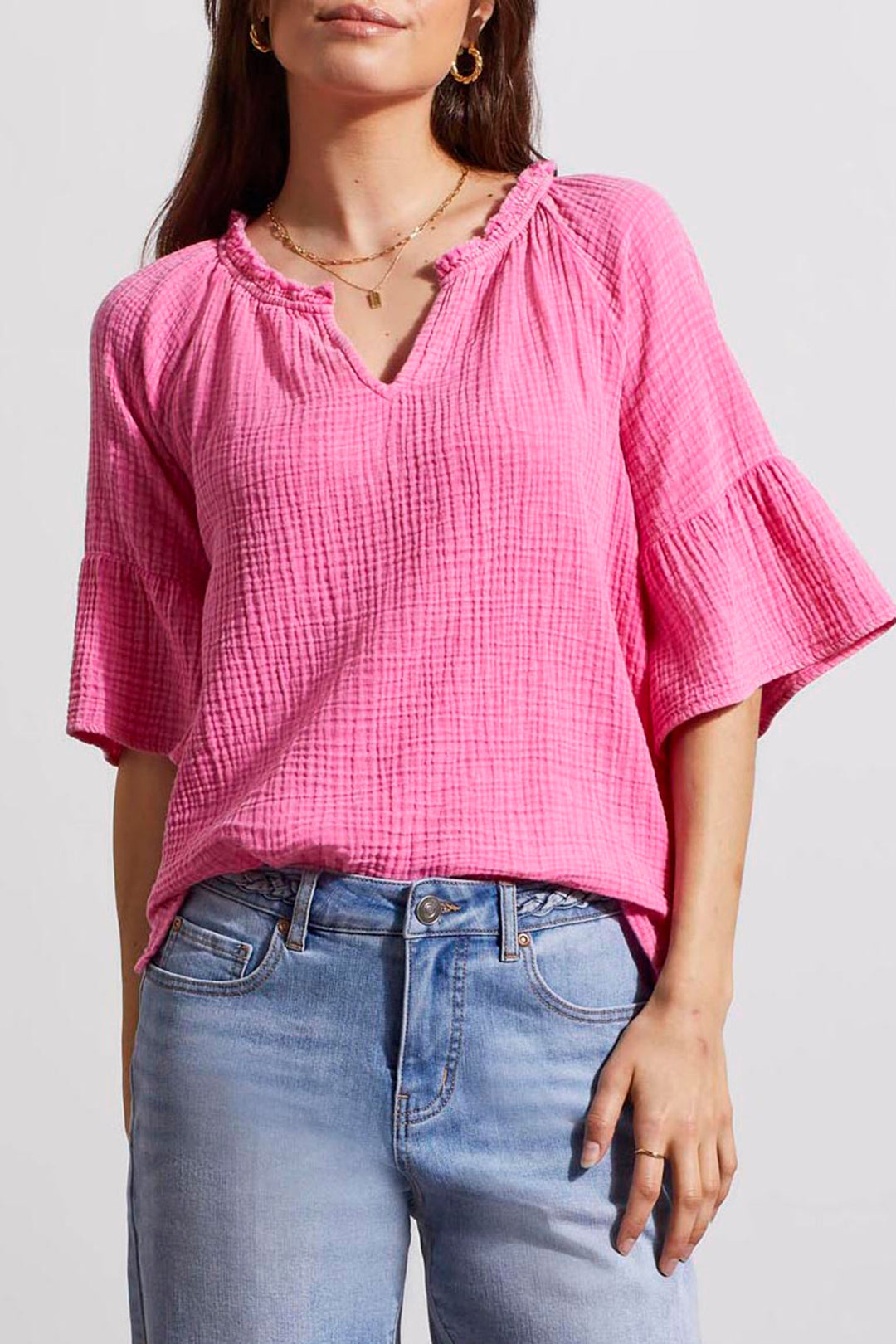 Tribal 5349O Hot Pink Notch Neckline Cotton Top - Experience Boutique