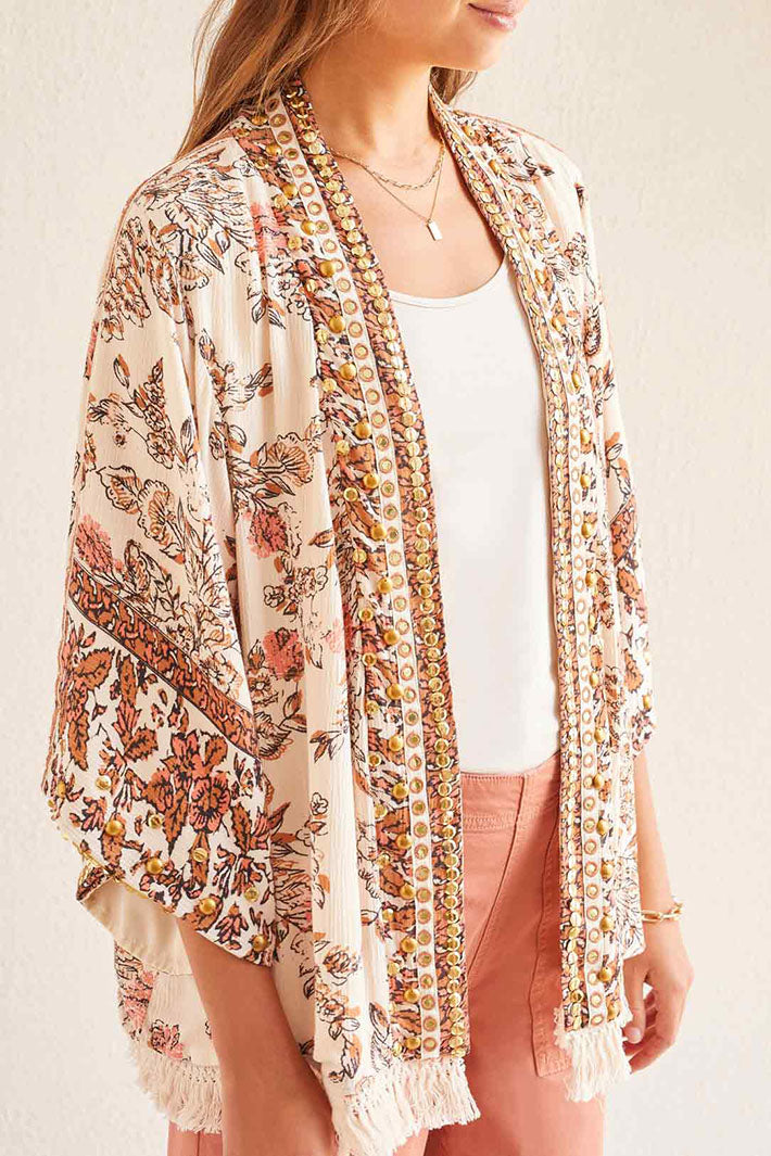 Tribal 5415O Cashew Cream Print Open Front Cover Up Jacket - Experience Boutique