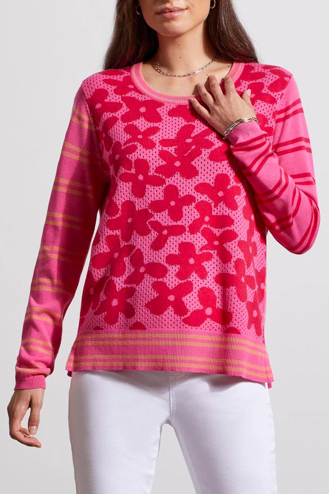 Tribal 54820 Hot Pink Floral Stripe Mesh Knit Jumper - Experience Boutique