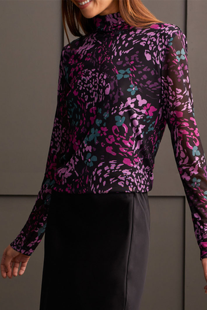 Tribal 5621O-2401 Bright Violet Floral Print Polo Neck Top - Experience Boutique