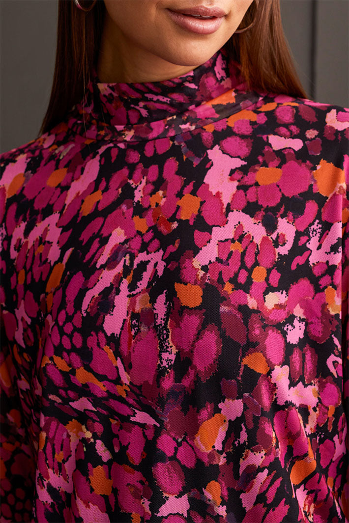 Tribal 5621O-2401 Magenta Pink Haze Print Polo Neck Top - Experience Boutique