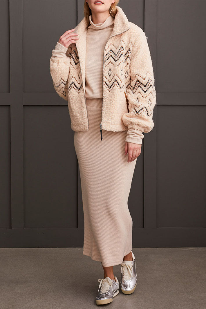 Tribal 5637O-5125 Latte Faux Shearling ZigZag Zip Front Jacket - Experience Boutique
