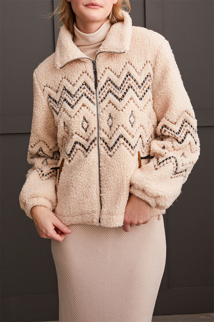 Tribal 5637O-5125 Latte Faux Shearling ZigZag Zip Front Jacket - Experience Boutique