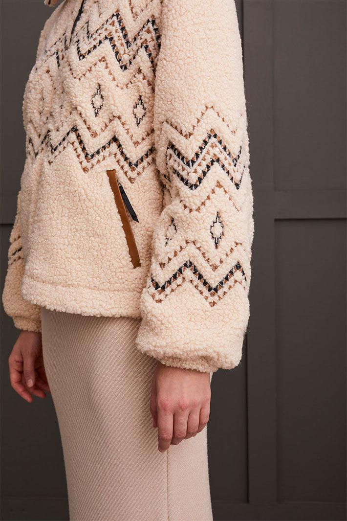 Tribal 5637O-5125 Latte Faux Shearling ZigZag Zip Front Jacket - Experience Boutique