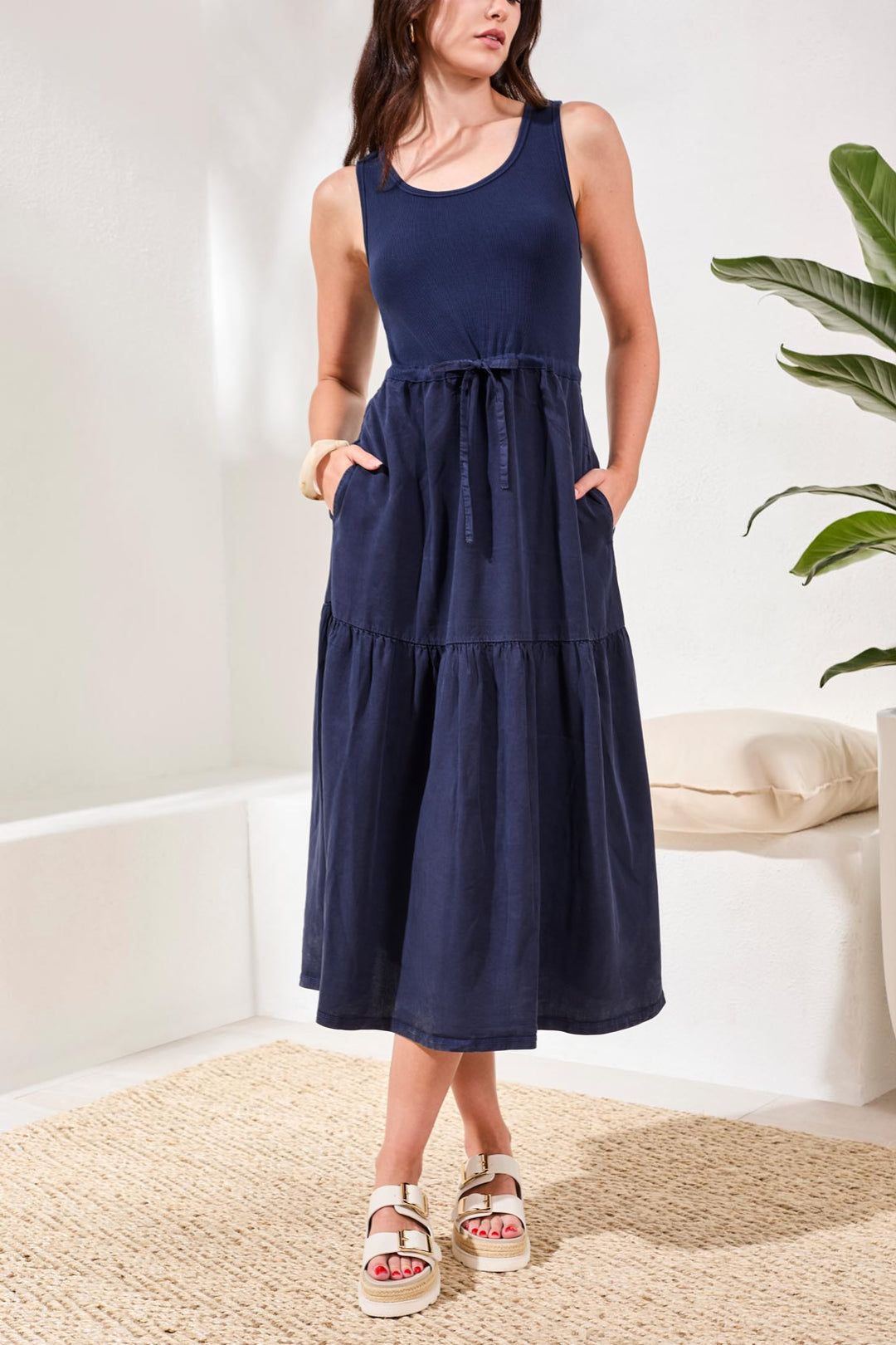 Tribal 5776O-5248 Nautical Navy Drawstring Waist Jersey Dress
