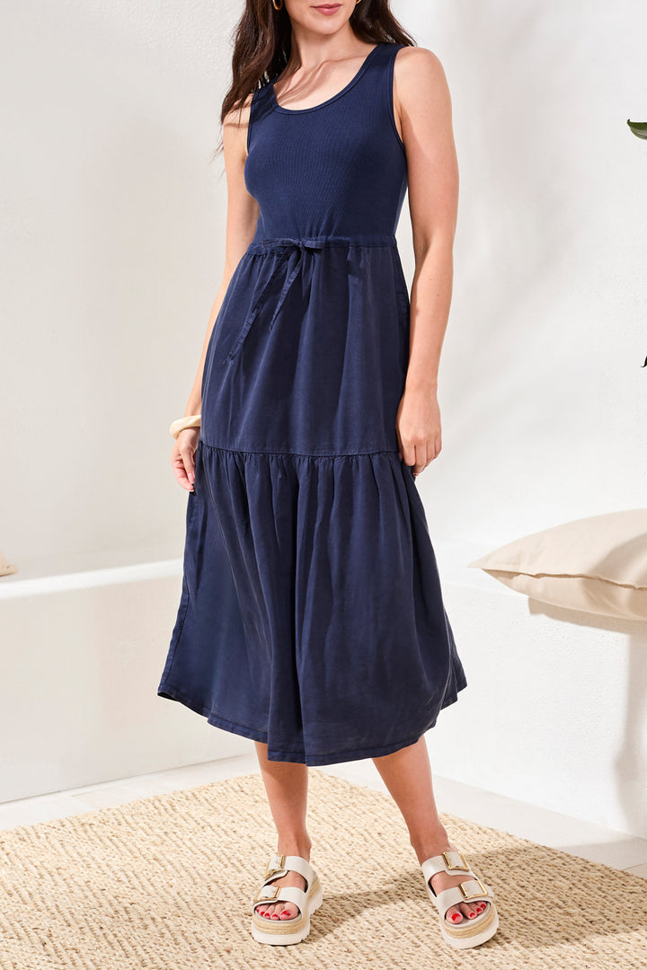 Tribal 5776O-5248 Nautical Navy Drawstring Waist Jersey Dress