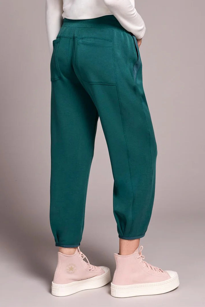Teal jogger pants worn by a person on a plain background