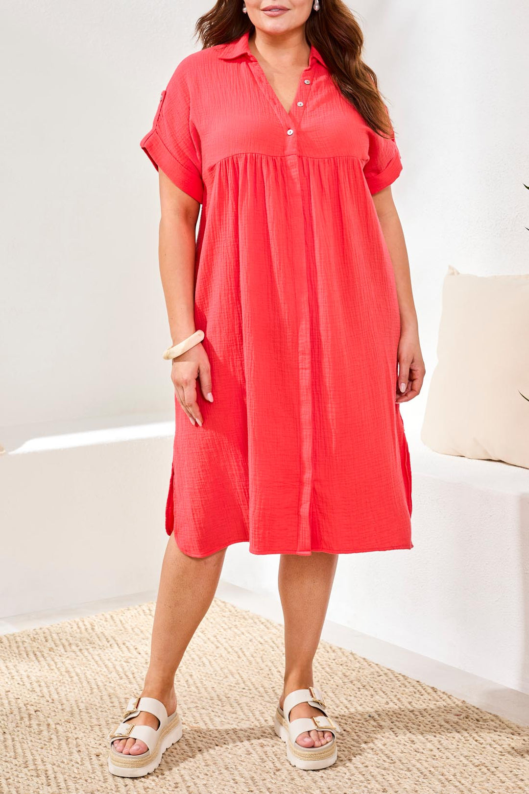 Tribal 6054O-4555 Coral Red Crinkle Shirt Dress