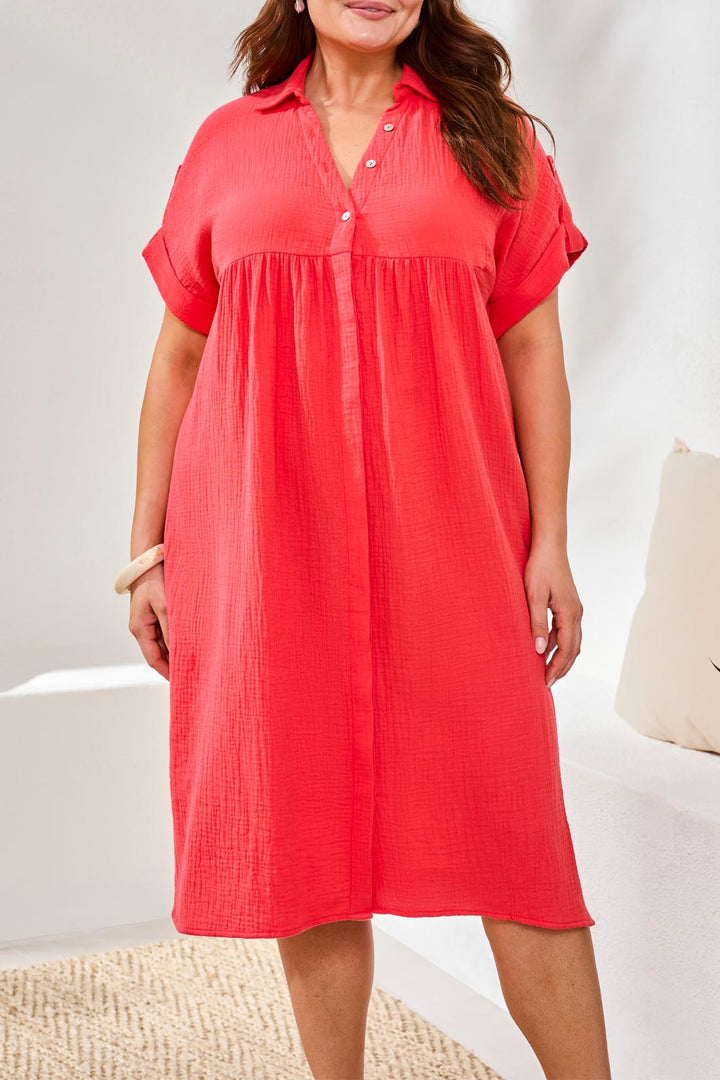Tribal 6054O-4555 Coral Red Crinkle Shirt Dress