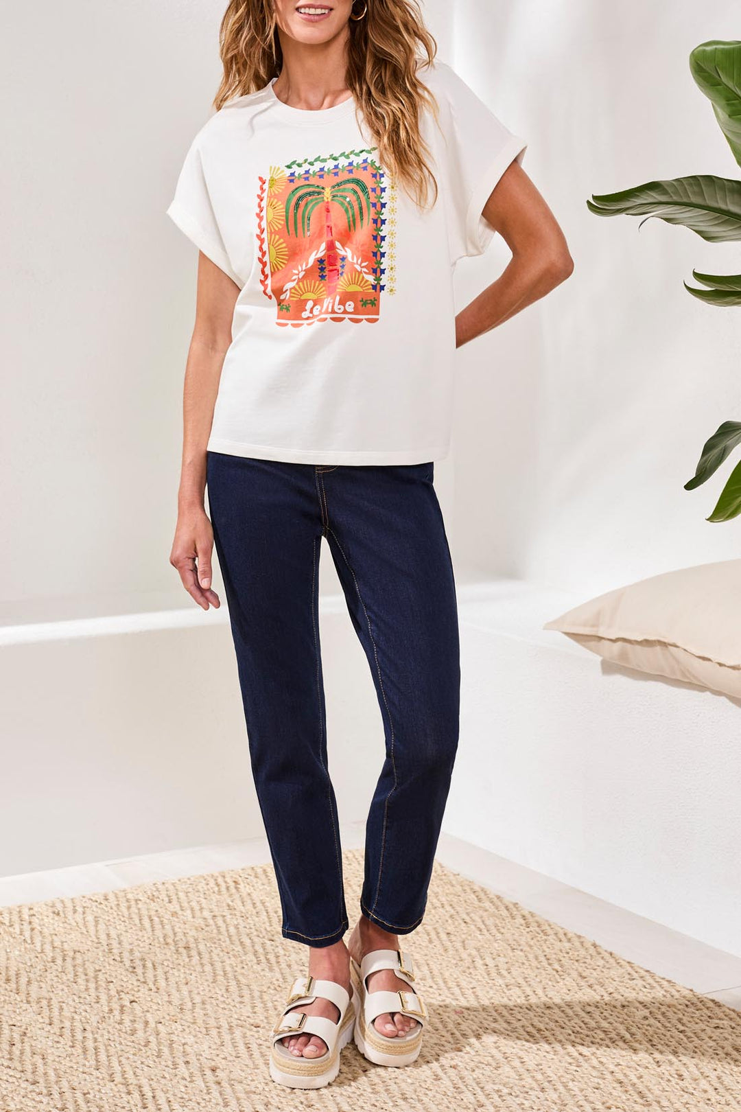 Tribal 6100O-5140 White Palm Tree Motif T-Shirt