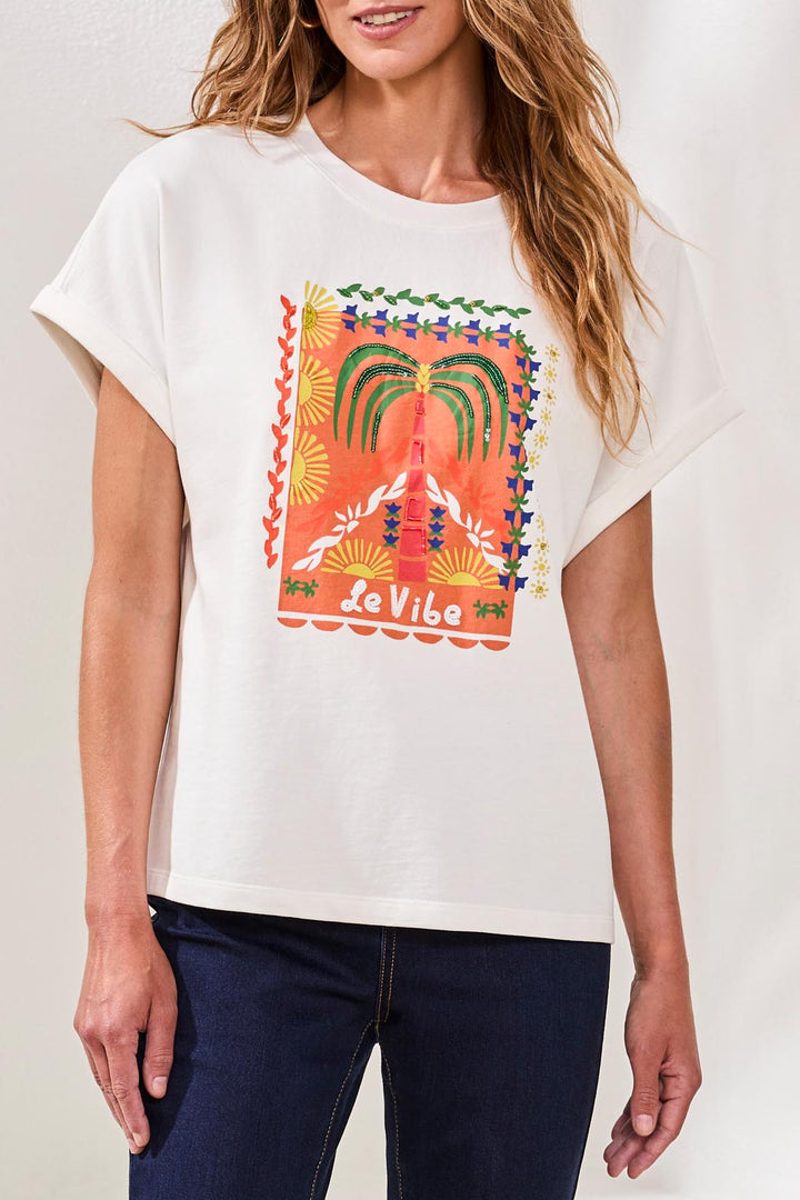 Tribal 6100O-5140 White Palm Tree Motif T-Shirt
