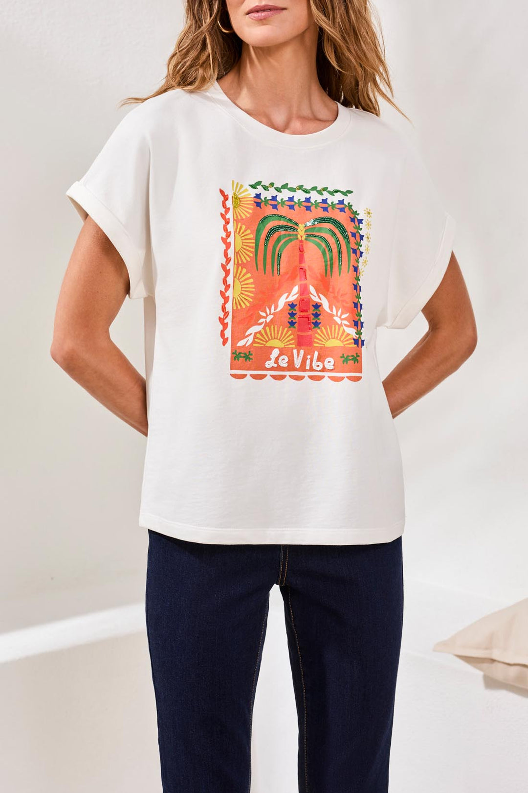 Tribal 6100O-5140 White Palm Tree Motif T-Shirt