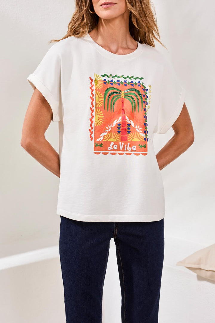 Tribal 6100O-5140 White Palm Tree Motif T-Shirt