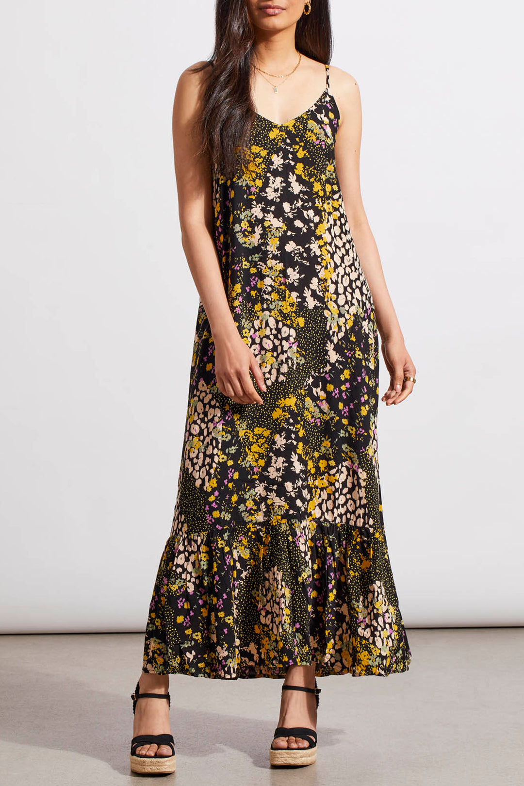 Tribal 7664O Black Limoncello Floral Print Spaghetti Strap Maxi Dress - Experience Boutique