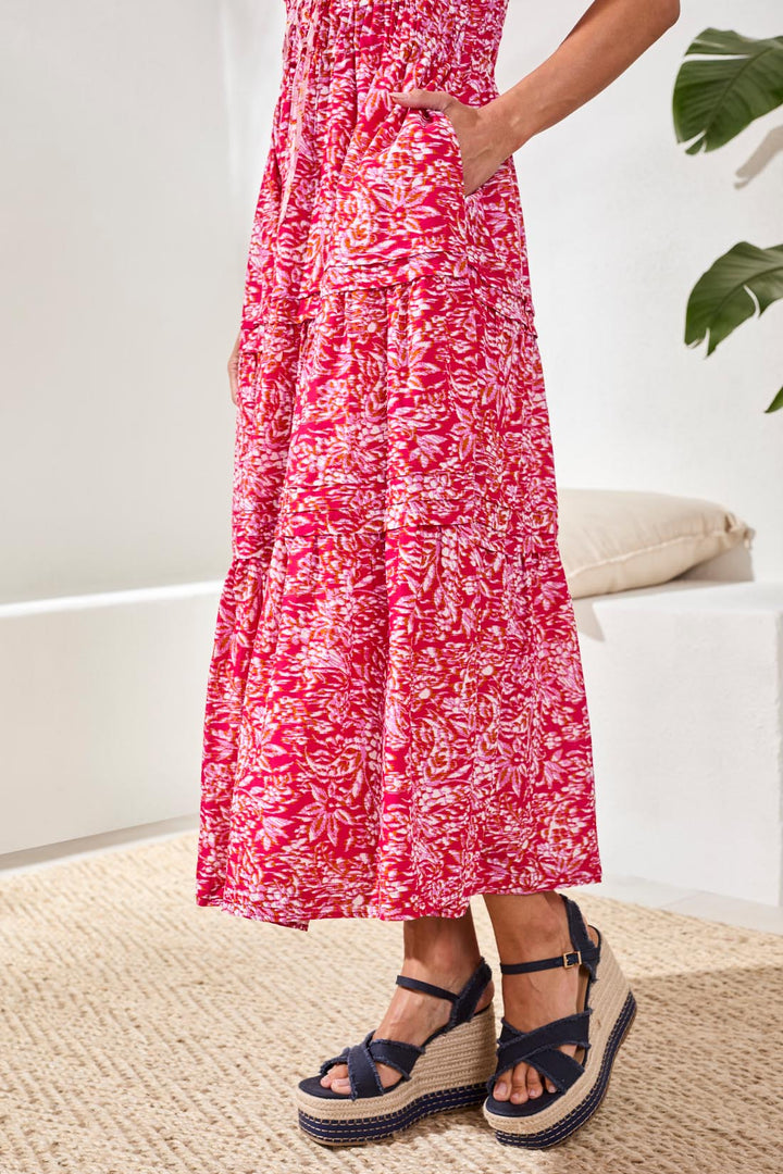 Tribal 971O-3647 Gardenia Pink Print Drawstring Waist Dress