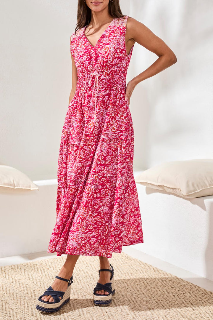 Tribal 971O-3647 Gardenia Pink Print Drawstring Waist Dress