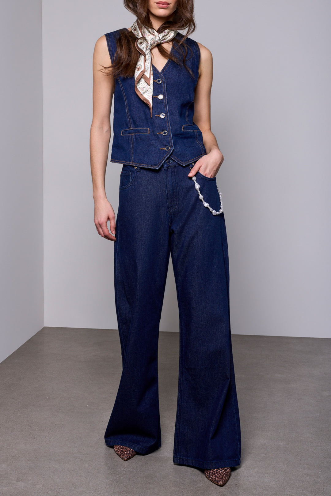 Tribal After Midnight Blue Tailored Denim Waistcoat 6270O-1122, full length front view