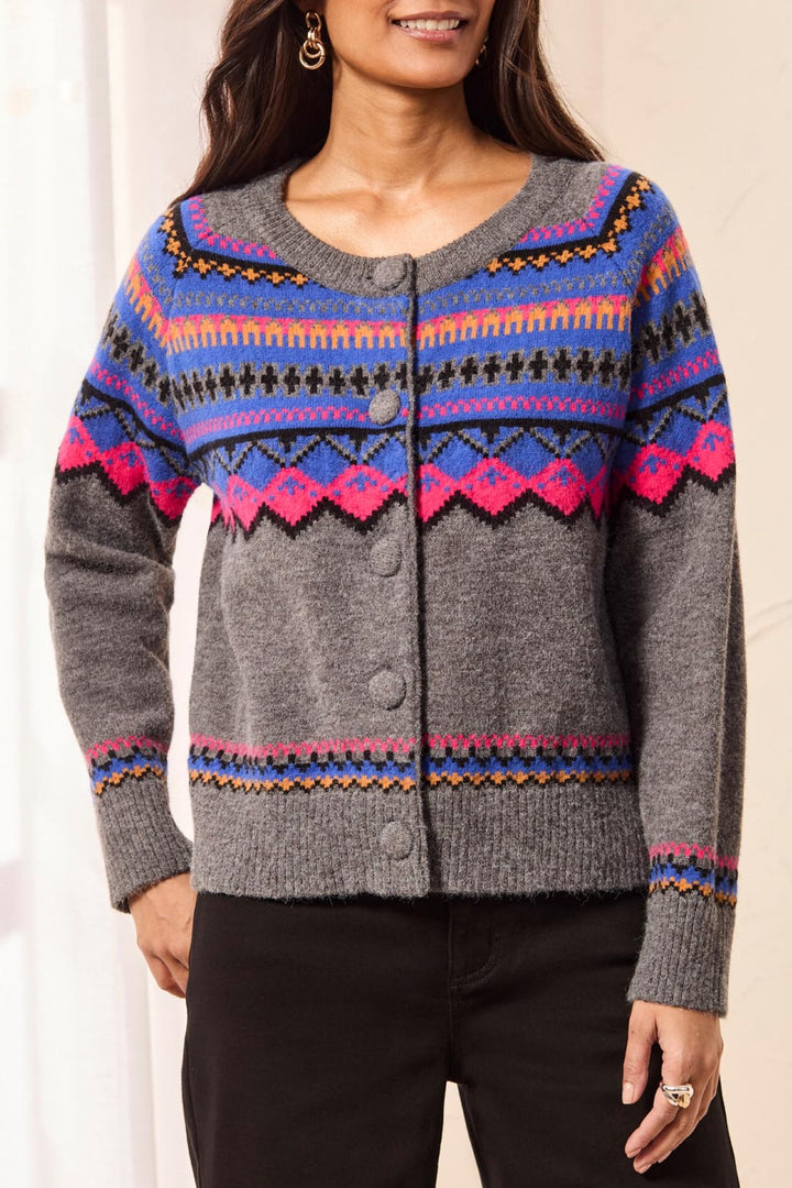 Tribal Charcoal &amp; Cobalt Grey Crew Neck Ikat Cardigan 2312O-3814, front view