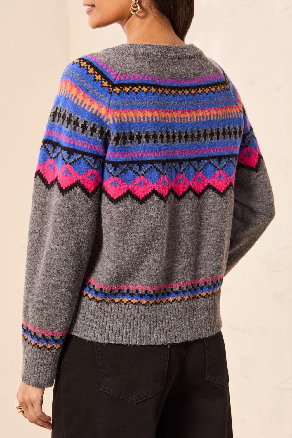 Tribal Charcoal & Cobalt Grey Crew Neck Ikat Cardigan 2312O-3814, back view