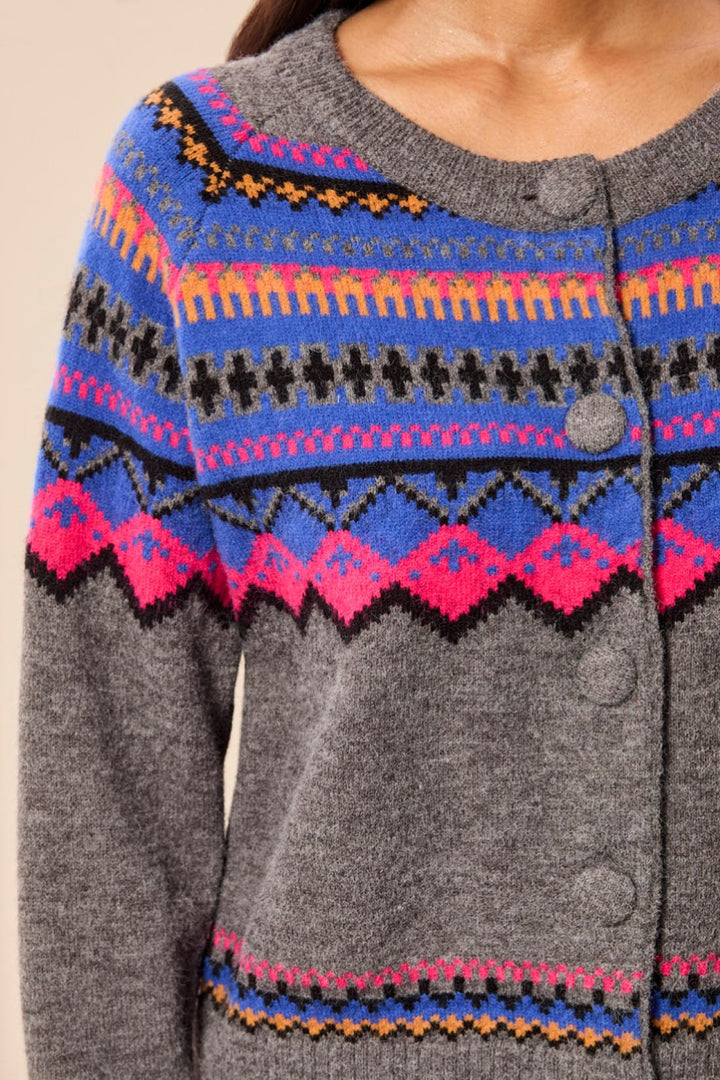 Tribal Charcoal &amp; Cobalt Grey Crew Neck Ikat Cardigan 2312O-3814, detail