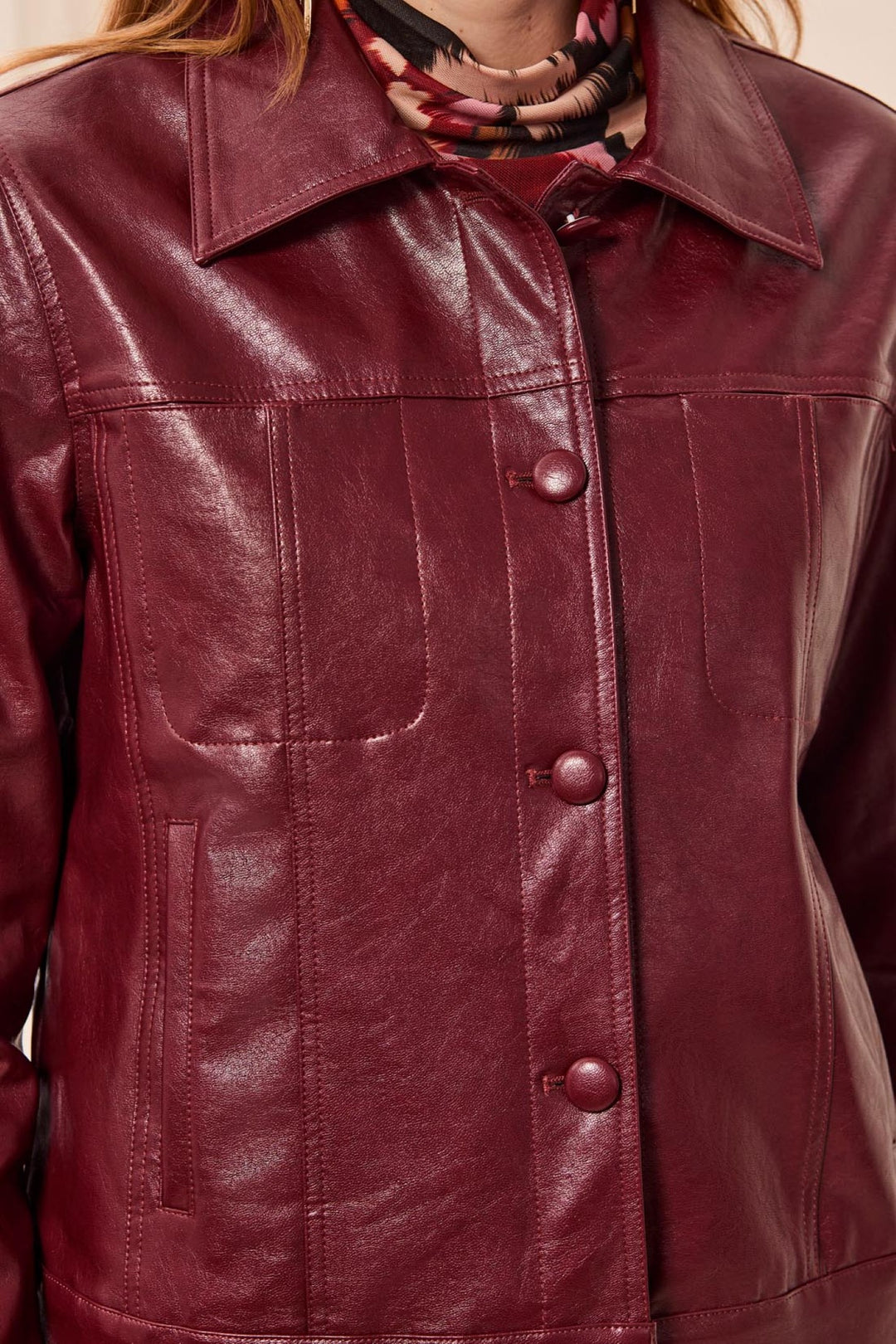 Tribal Cherry Lacquer Red Faux Leather Jacket 5921O-5604, detail