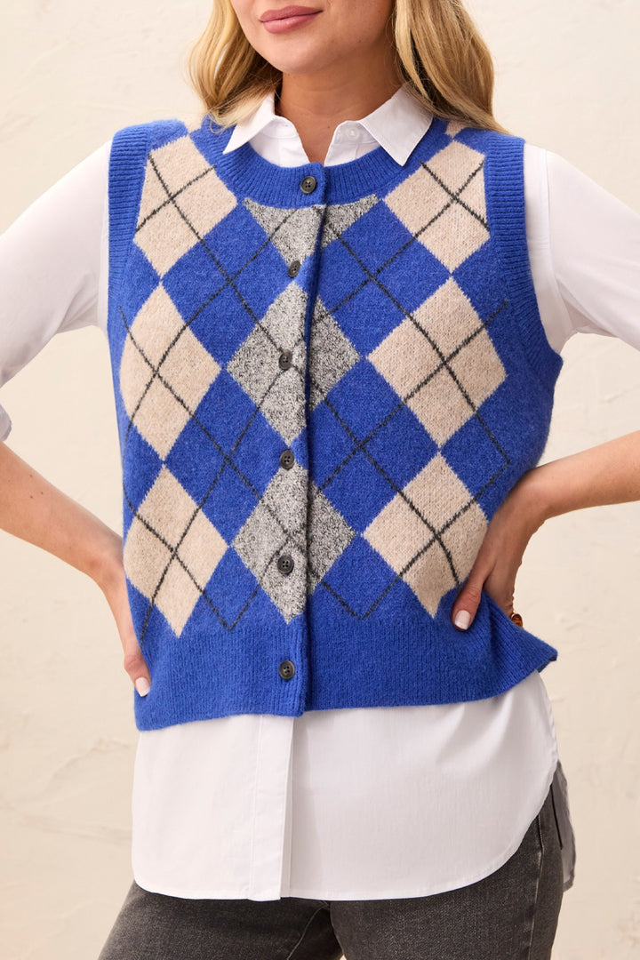 Tribal Cobalt Blue Sleeveless Cardigan 3207O-3590, front view
