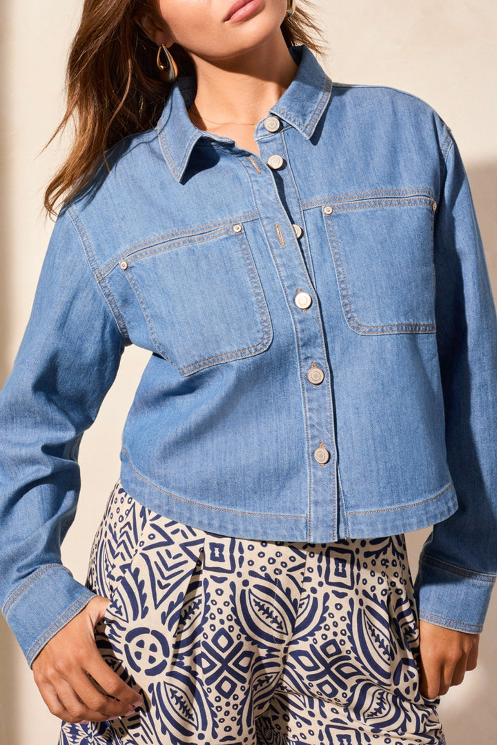 Tribal Fashion Denim Shirt Patch Pockets Coastline Blue 5743O-4984 - Experience Boutique