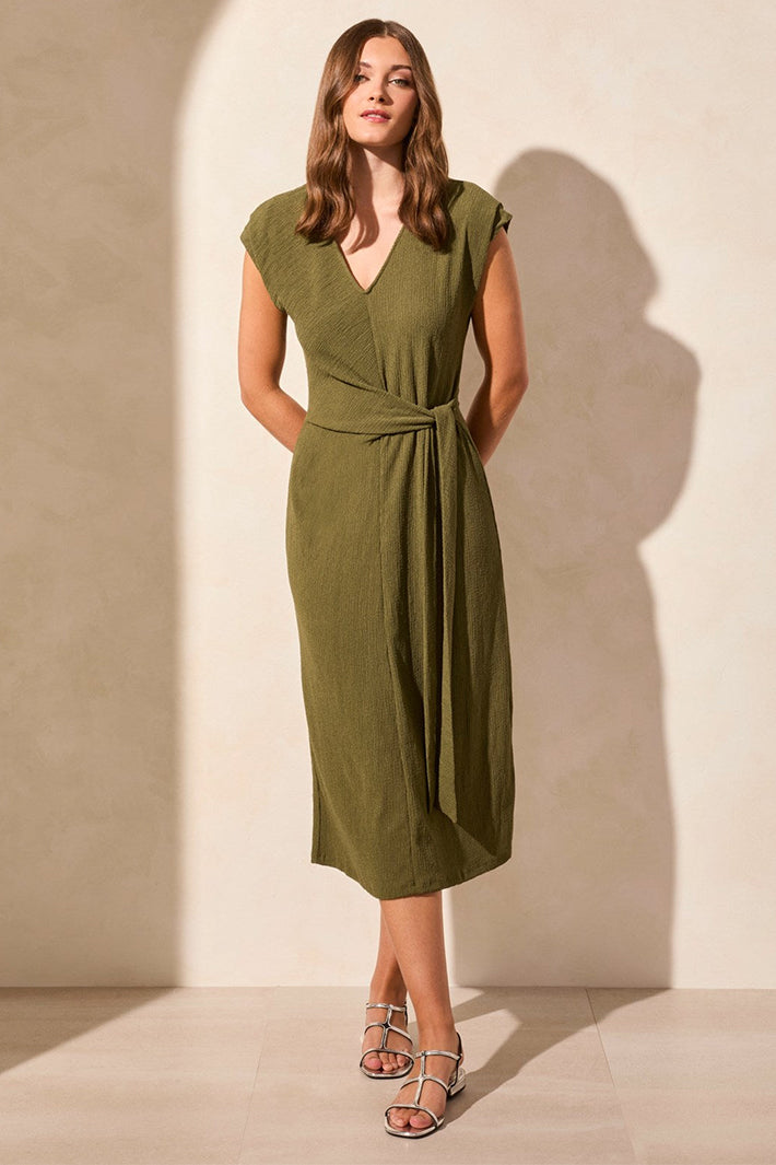 Tribal Fashion Dress V-Neck Tie Waist Loden Green 2139O-8151