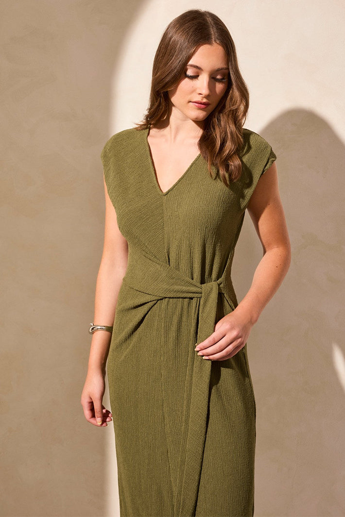 Tribal Fashion Dress V-Neck Tie Waist Loden Green 2139O-8151