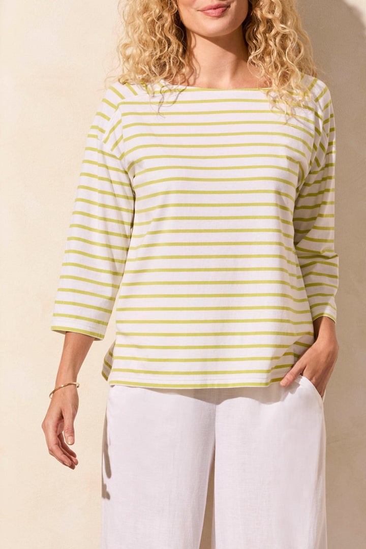 Tribal Fashion Top Striped Knit White Avocado Green 2088O-3547 - Experience Boutique