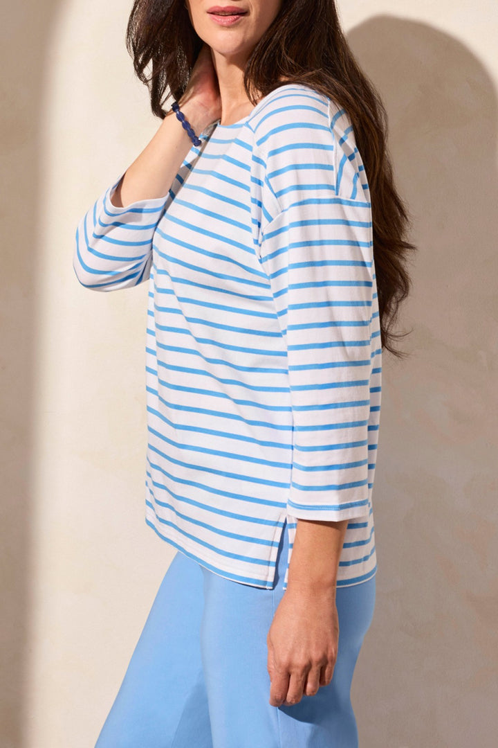 Tribal Fashion Top Striped Knit White Deep Seas Blue 2088O-3547 - Experience Boutique