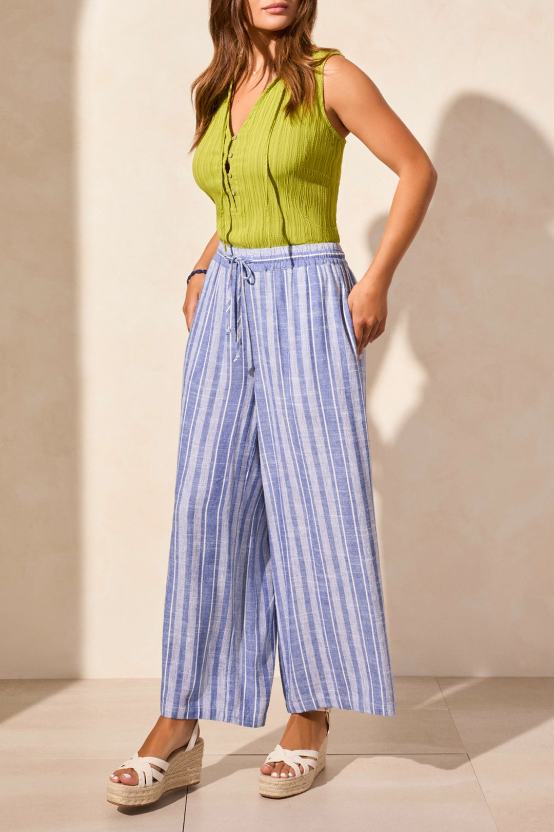 Tribal Fashion Trousers Drawstring Waist Striped Calypso Blue 7704O-4400 - Experience Boutique