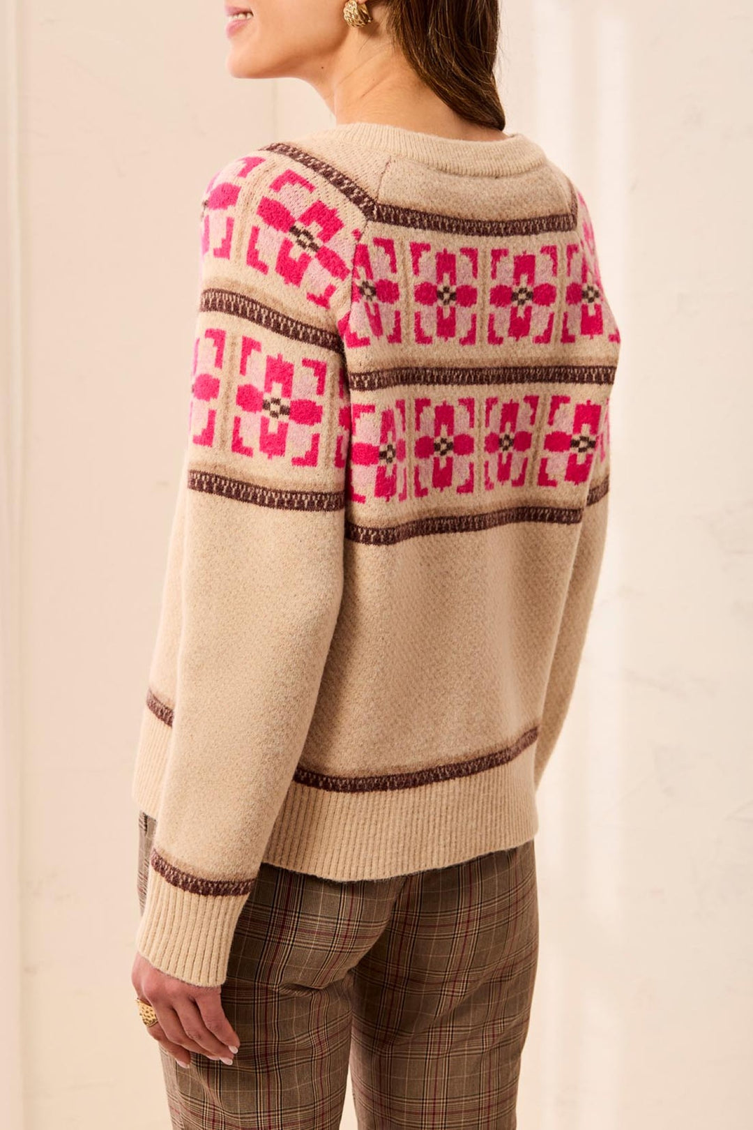 Tribal Fudge &amp; Pink Beige Crew Neck Ikat Cardigan 2312O-3814, back view