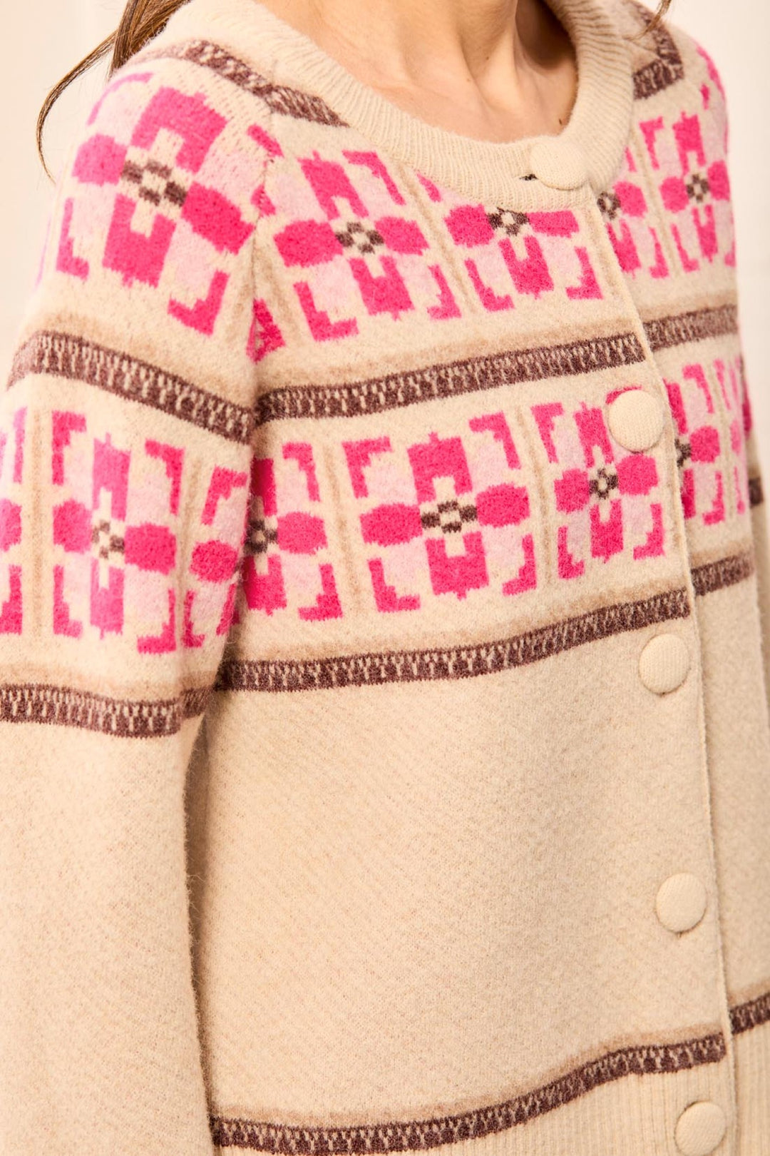 Tribal Fudge &amp; Pink Beige Crew Neck Ikat Cardigan 2312O-3814, detail