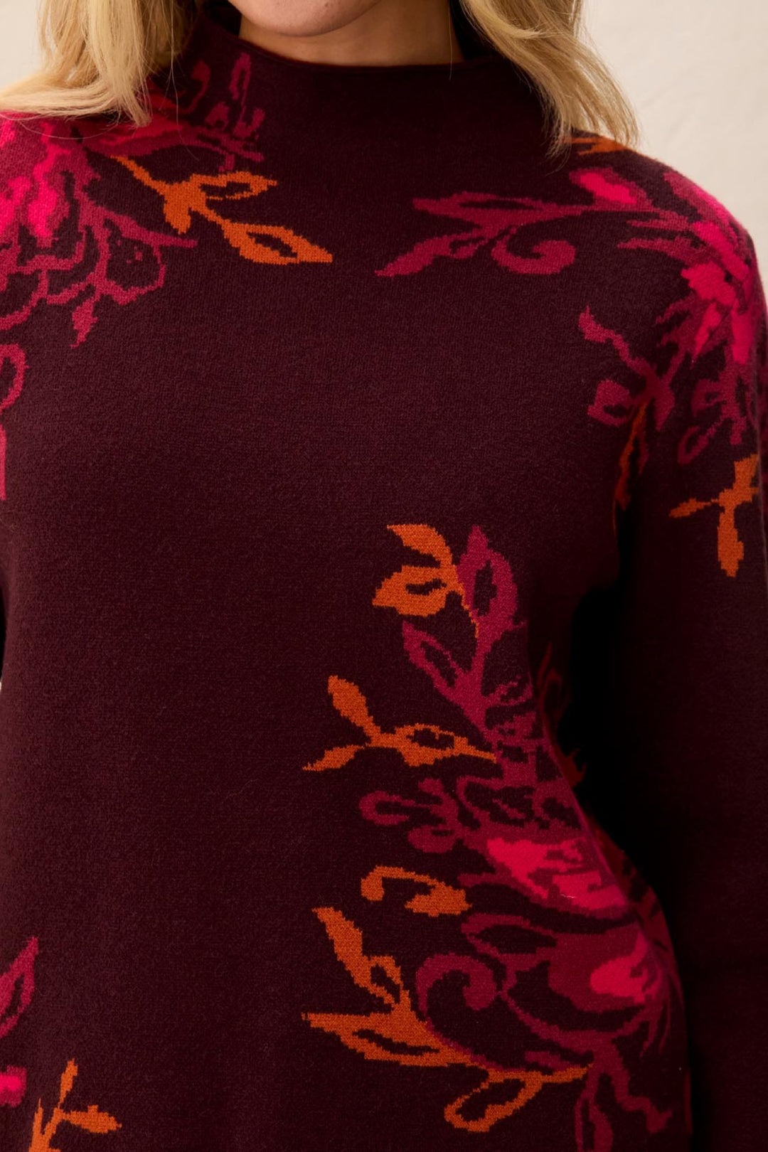 Tribal Fudge Red Filagree Funnel Neck Jumper 3227O-8012, jacquard detail