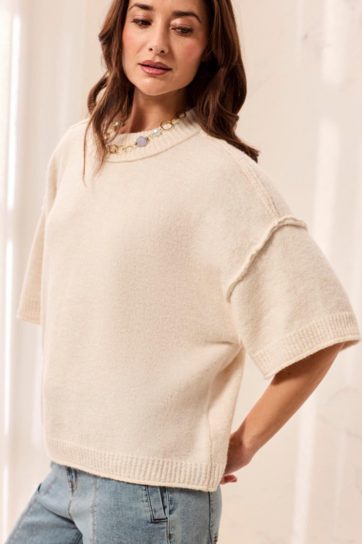 Tribal Heather Cream White Crew Neck Jumper 6278O-5774, front view