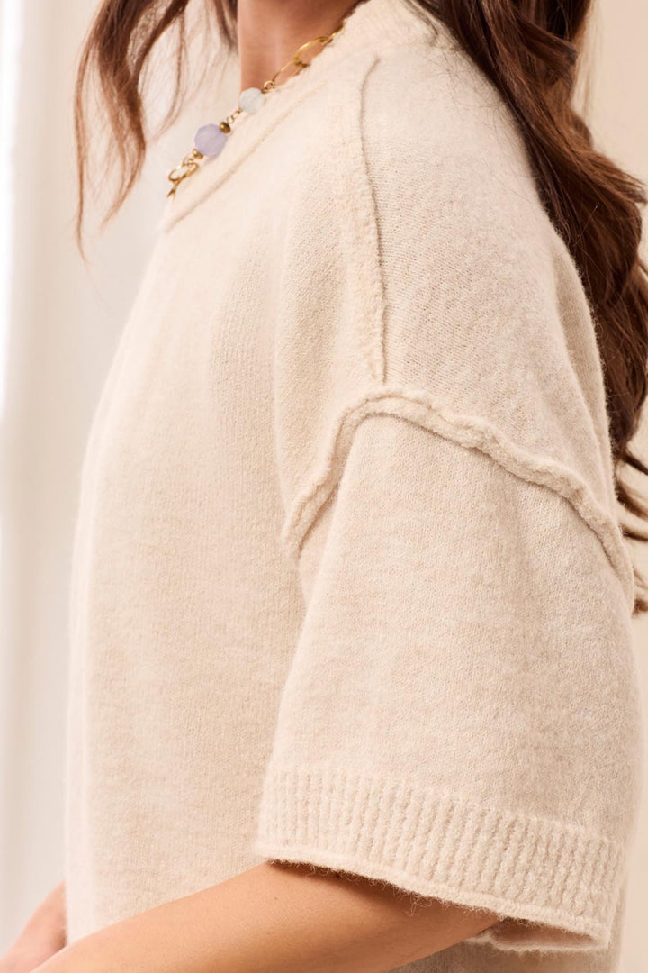 Tribal Heather Cream White Crew Neck Jumper 6278O-5774, sleeve detail