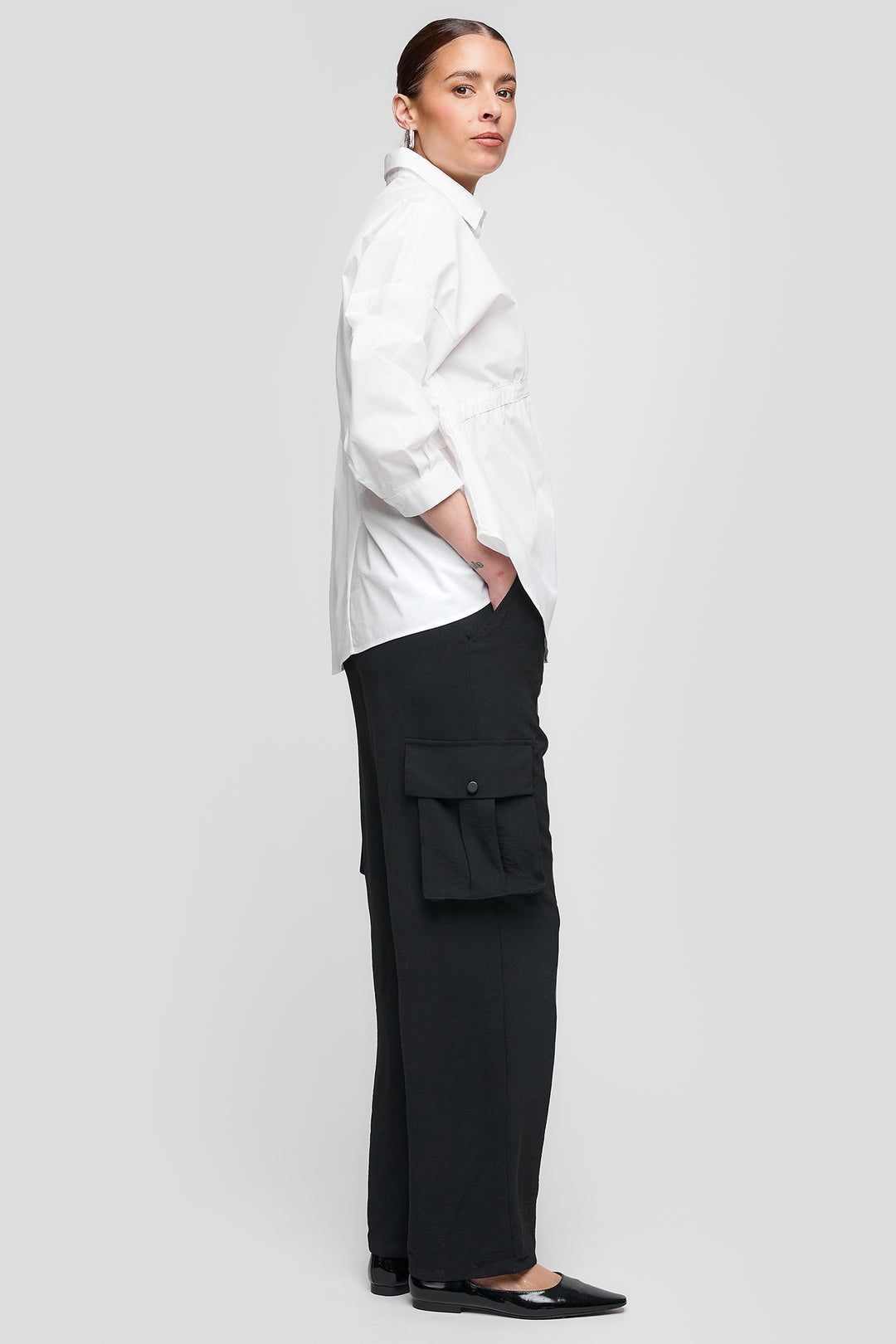 Uchuu Cargo Trousers Drawstring Waist Wide Leg Black CS25-115 - Experience Boutique