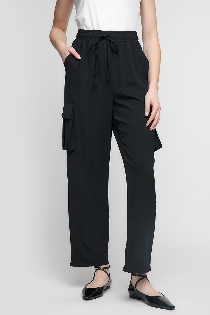 Uchuu Cargo Trousers Drawstring Waist Wide Leg Black CS25-115 - Experience Boutique