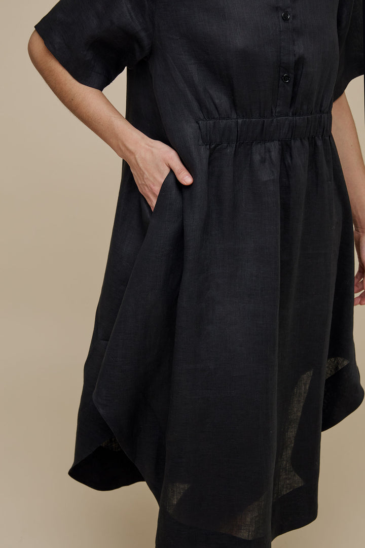 Uchuu CS24-012 Black Linen A-Line Oversized Shirt Dress - Experience Boutique