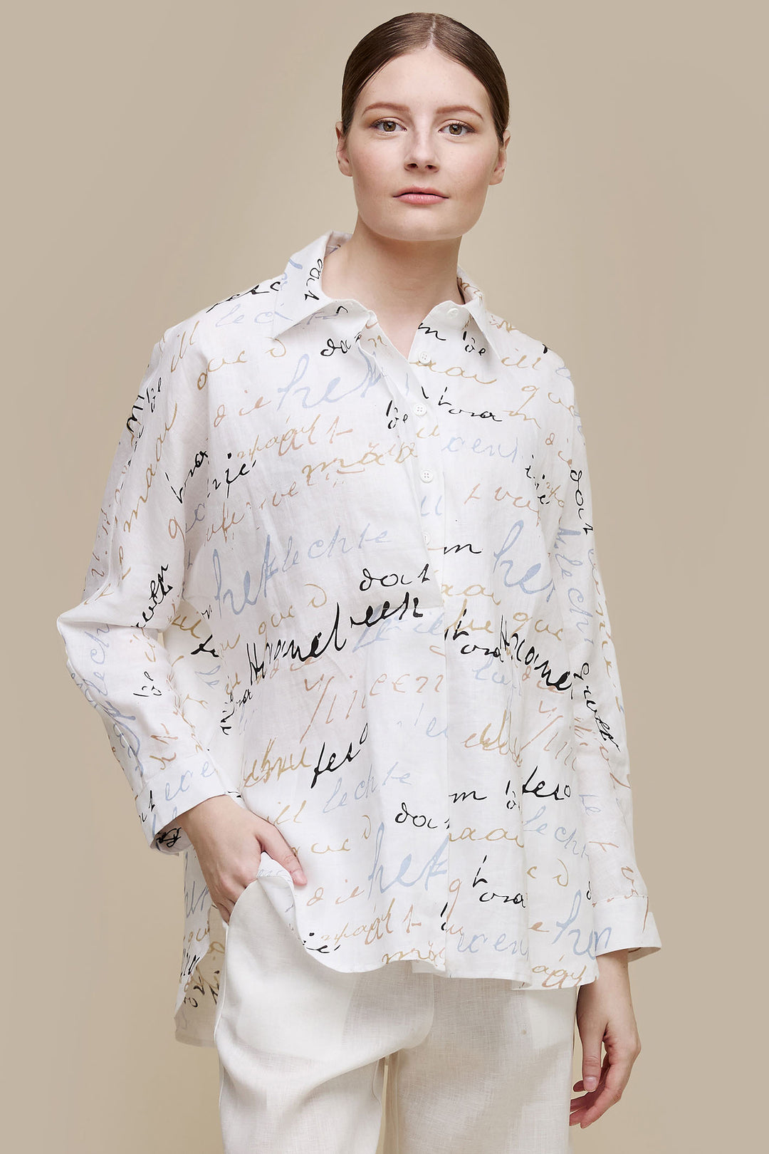 Uchuu CS24-632 White Script Print Linen Shirt - Experience Boutique