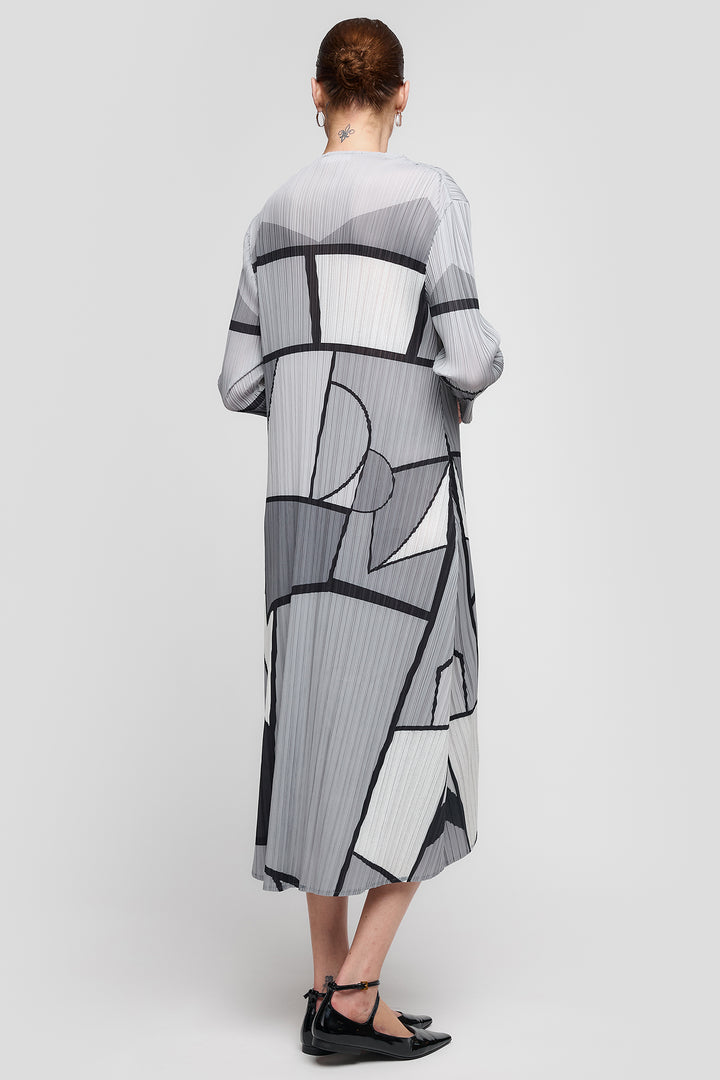 Uchuu Dress Geometric Print Plisse Long Sleeve Grey CS25-011 - Experience Boutique