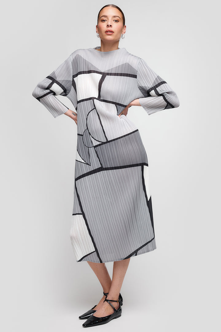 Uchuu Dress Geometric Print Plisse Long Sleeve Grey CS25-011 - Experience Boutique