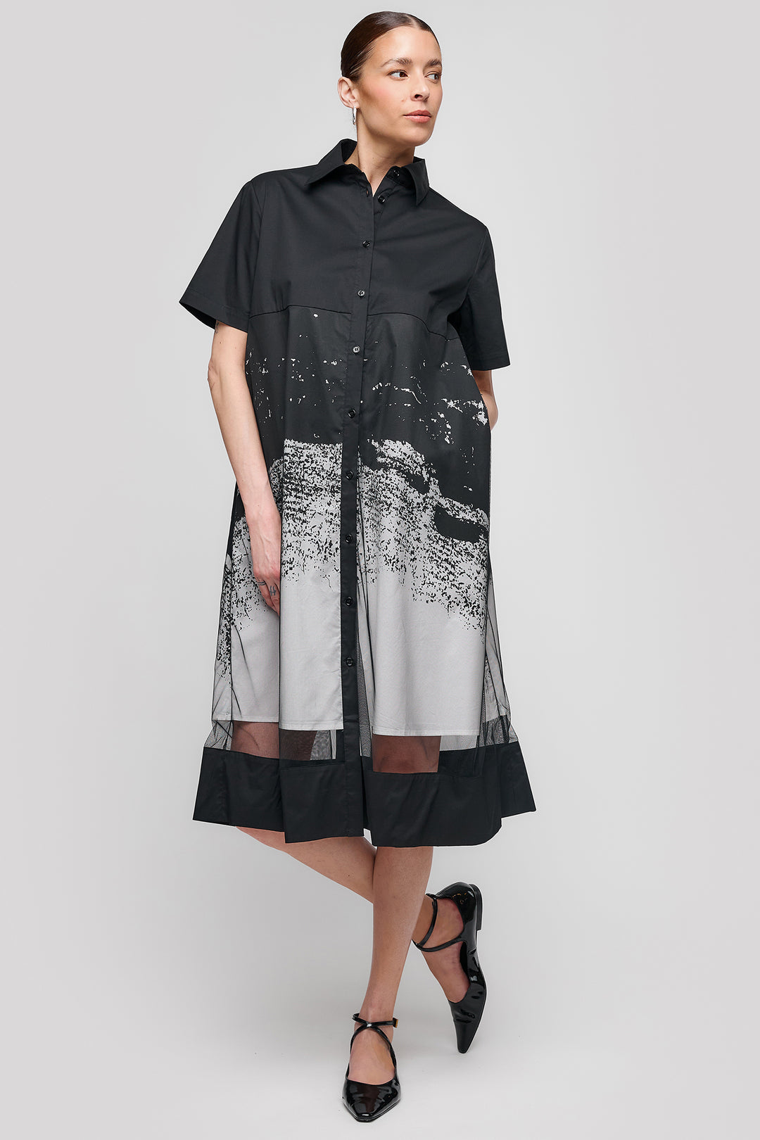 Uchuu Shirt Dress Monochrome Print Black CS25-005 - Experience Boutique
